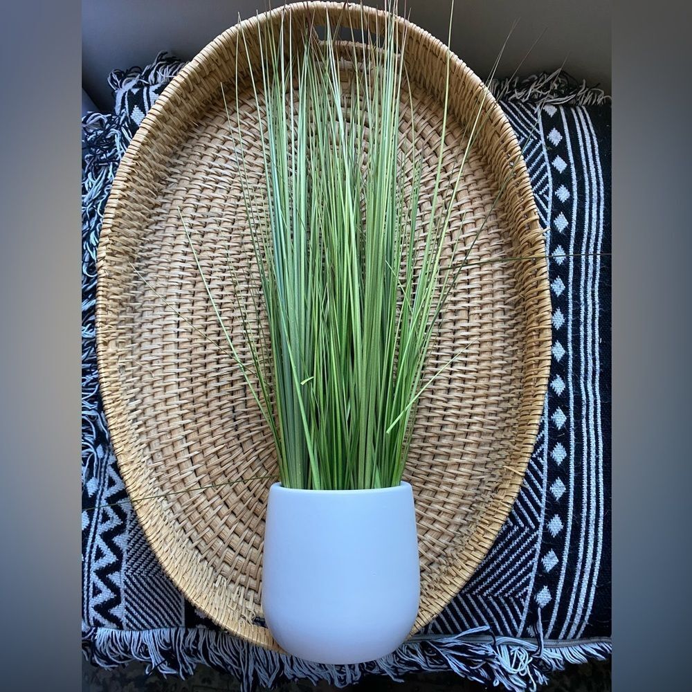 Threshold Stoneware White Planter with Green Faux Grass